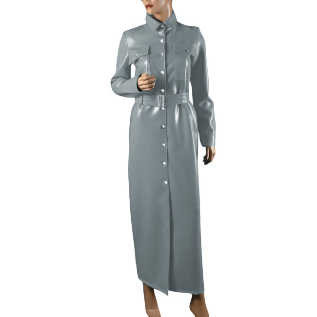 Elegant Shiny PVC Leather Long Pencil Dress Evening Gown Retro Style Pocket Button-Up Dress with Belt Plus Size Trench Dresses