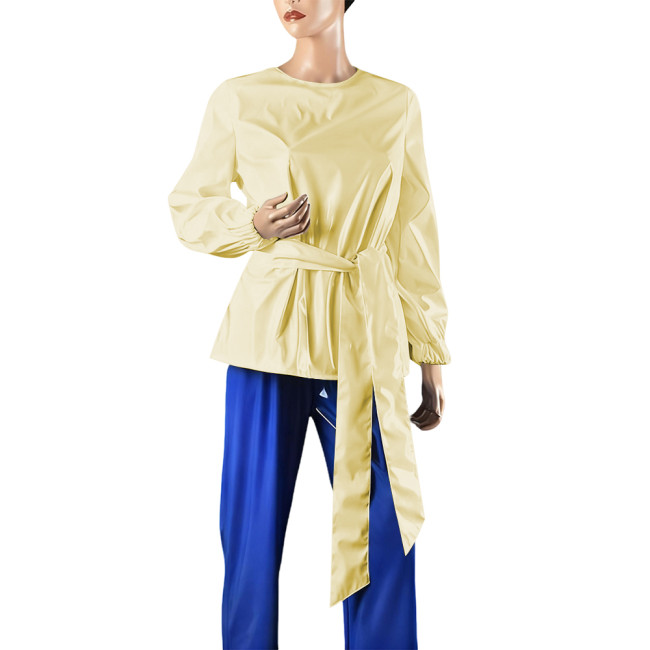 Plus Size Women Casual O-neck Long Sleeve T-shirts Elegant PVC Shiny Leather Female Blouse with Belt Fashion Ladies Office Tops