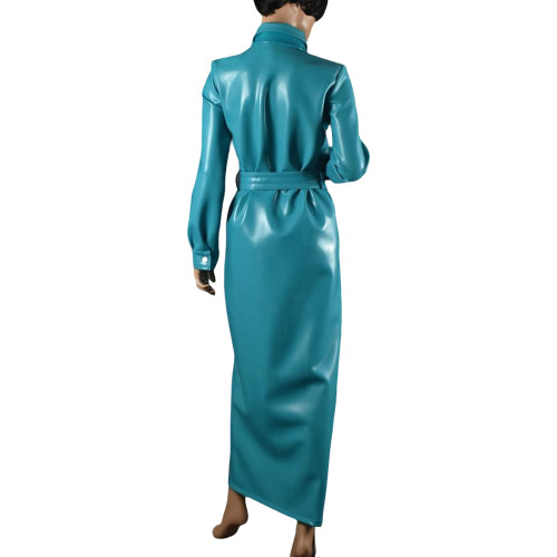 Elegant Shiny PVC Leather Long Pencil Dress Evening Gown Retro Style Pocket Button-Up Dress with Belt Plus Size Trench Dresses