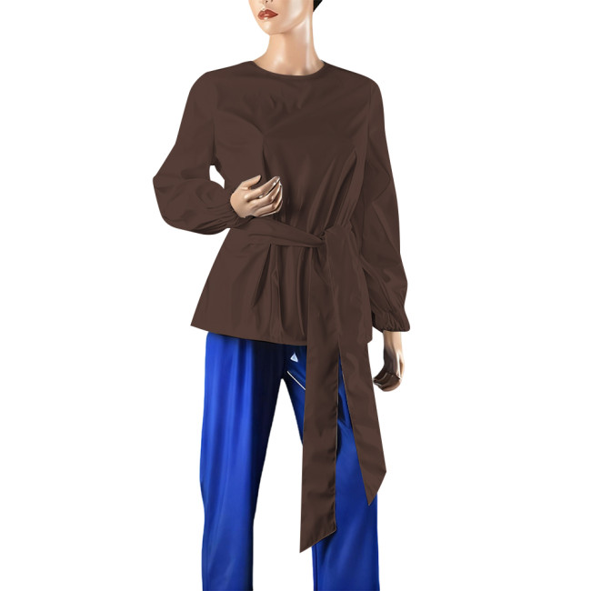Plus Size Women Casual O-neck Long Sleeve T-shirts Elegant PVC Shiny Leather Female Blouse with Belt Fashion Ladies Office Tops