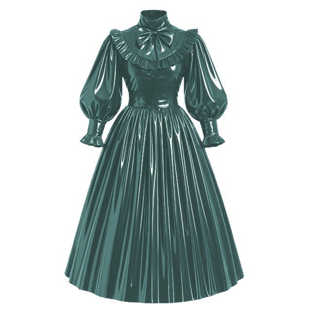 Lockable French Style Maxi Dress PVC Glossy Leather Puff Sleeve Bow Lolita Long Pleated Dress Robe Elegant Party Formal Wear 7XL