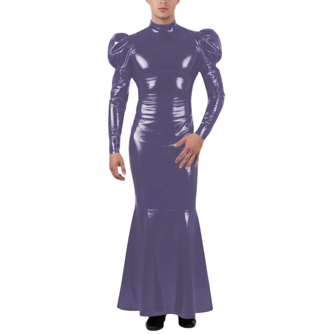 Unisex Wetlook Long Mermaid Dress PVC Patent Leather Turtleneck Slim Ankle-length Dress with Ruffles Coctail Party Gown Vestidos
