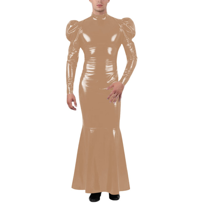Unisex Wetlook Long Mermaid Dress PVC Patent Leather Turtleneck Slim Ankle-length Dress with Ruffles Coctail Party Gown Vestidos