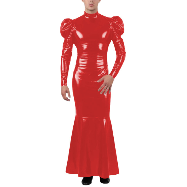 Unisex Wetlook Long Mermaid Dress PVC Patent Leather Turtleneck Slim Ankle-length Dress with Ruffles Coctail Party Gown Vestidos