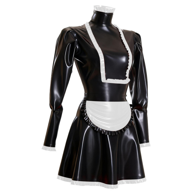 Sissy Maid PVC Long Sleeve Dress Outfits Ruffles High Neck French Maid Cosplay Costumes Cross-dresser Pleated Maid Uniforms 7XL