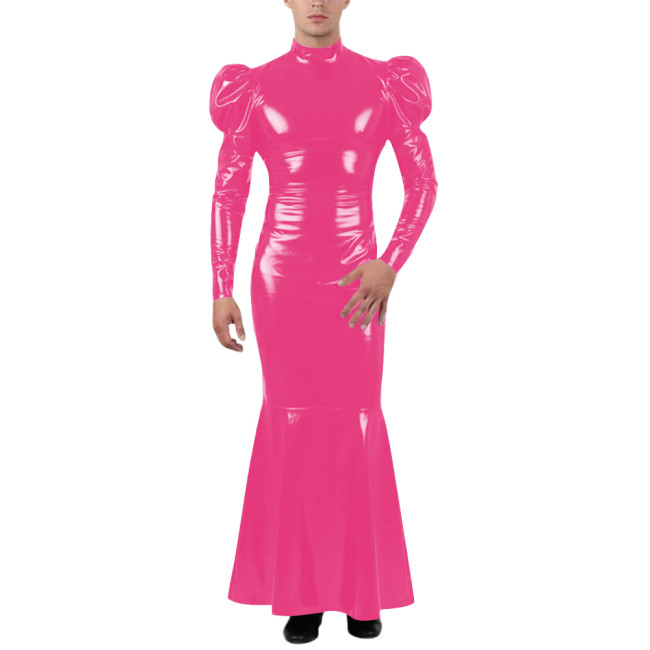 Unisex Wetlook Long Mermaid Dress PVC Patent Leather Turtleneck Slim Ankle-length Dress with Ruffles Coctail Party Gown Vestidos