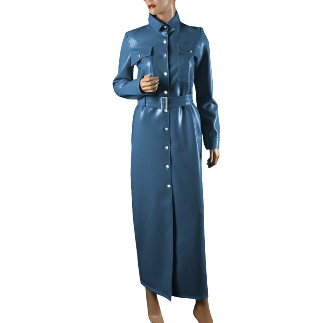 Elegant Shiny PVC Leather Long Pencil Dress Evening Gown Retro Style Pocket Button-Up Dress with Belt Plus Size Trench Dresses