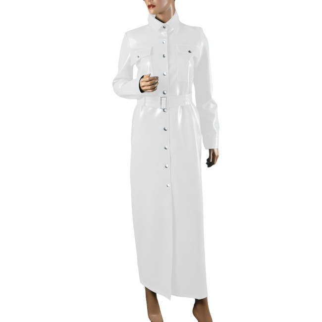 Elegant Shiny PVC Leather Long Pencil Dress Evening Gown Retro Style Pocket Button-Up Dress with Belt Plus Size Trench Dresses