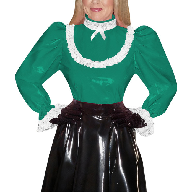 Mock Neck Sweet Shirt for Women Lolita Puff Long Sleeve PVC Shiny Blouse Elegant Ladies High Street Top Tee Plus Size Clubwear