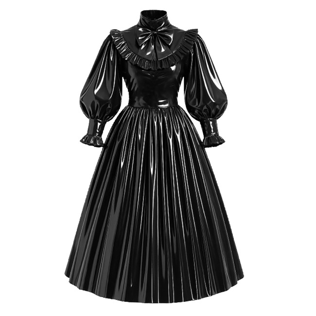 Lockable French Style Maxi Dress PVC Glossy Leather Puff Sleeve Bow Lolita Long Pleated Dress Robe Elegant Party Formal Wear 7XL