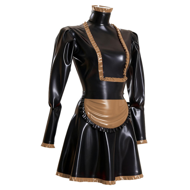 Sissy Maid PVC Long Sleeve Dress Outfits Ruffles High Neck French Maid Cosplay Costumes Cross-dresser Pleated Maid Uniforms 7XL