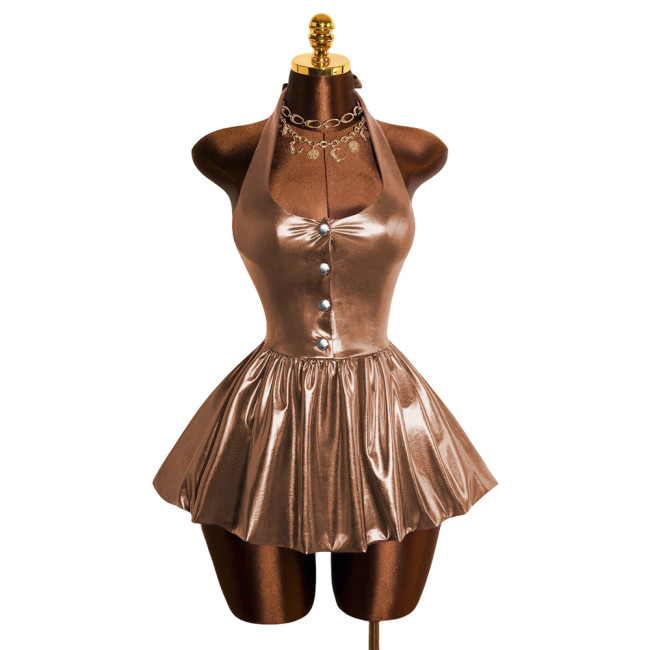 Sexy Women's Metallic Shiny Halter Mini Dress Party V-Neck Backless Tight Pleated Short Dress Plus Size Clothing Female Clubwear