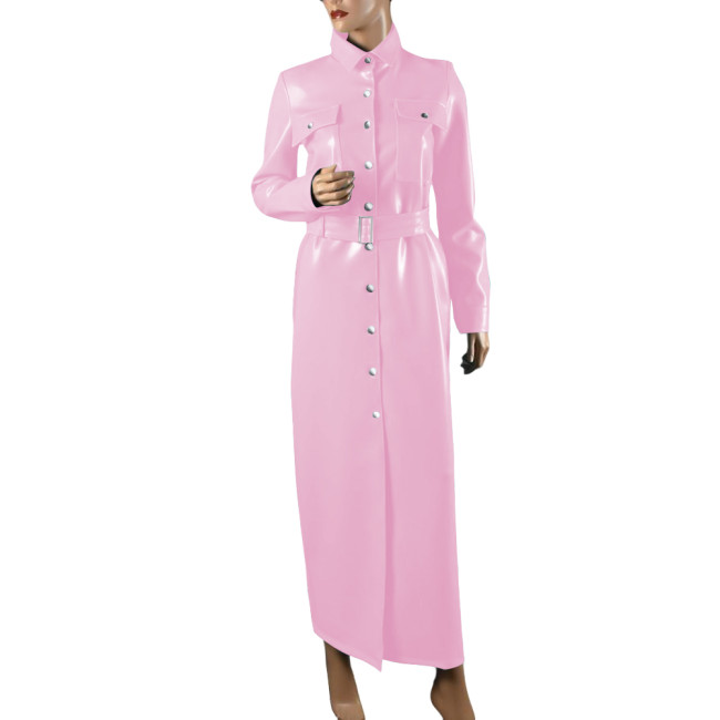 Elegant Shiny PVC Leather Long Pencil Dress Evening Gown Retro Style Pocket Button-Up Dress with Belt Plus Size Trench Dresses