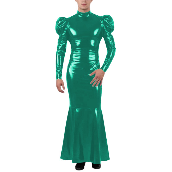 Unisex Wetlook Long Mermaid Dress PVC Patent Leather Turtleneck Slim Ankle-length Dress with Ruffles Coctail Party Gown Vestidos