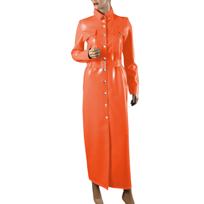 Elegant Shiny PVC Leather Long Pencil Dress Evening Gown Retro Style Pocket Button-Up Dress with Belt Plus Size Trench Dresses