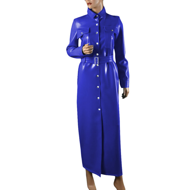 Elegant Shiny PVC Leather Long Pencil Dress Evening Gown Retro Style Pocket Button-Up Dress with Belt Plus Size Trench Dresses