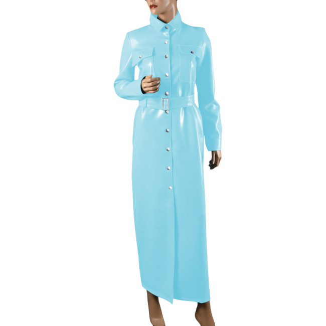 Elegant Shiny PVC Leather Long Pencil Dress Evening Gown Retro Style Pocket Button-Up Dress with Belt Plus Size Trench Dresses