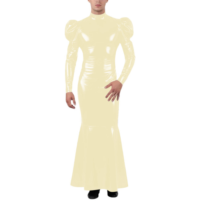Unisex Wetlook Long Mermaid Dress PVC Patent Leather Turtleneck Slim Ankle-length Dress with Ruffles Coctail Party Gown Vestidos
