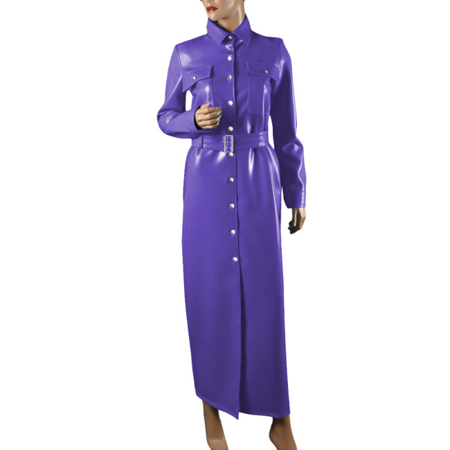 Elegant Shiny PVC Leather Long Pencil Dress Evening Gown Retro Style Pocket Button-Up Dress with Belt Plus Size Trench Dresses