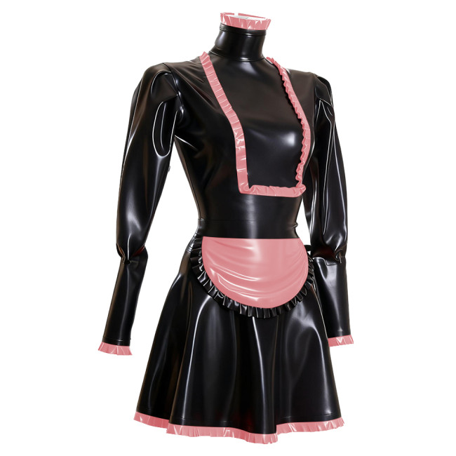 Sissy Maid PVC Long Sleeve Dress Outfits Ruffles High Neck French Maid Cosplay Costumes Cross-dresser Pleated Maid Uniforms 7XL