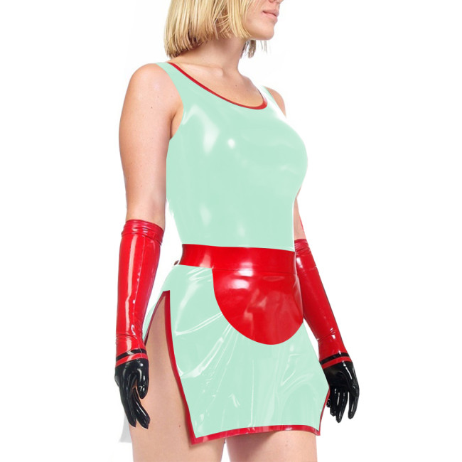 Sexy Sleeveless Bodycon Mini Maid Dress Wetlook Sissy Roleplay Outfit Exotic High Slit Tight Short PVC Dress Erotic Cosplay Sets