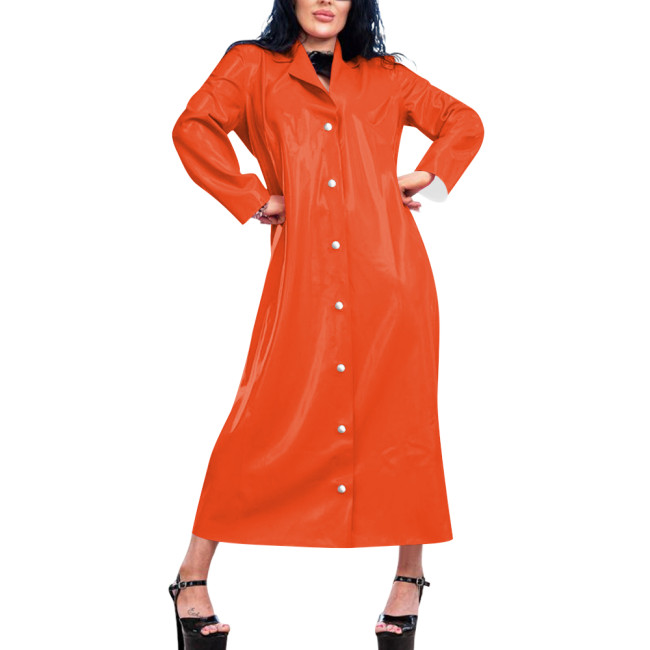 Womens Long Wetlook Oversized Trench Coat Shiny Lapel Single-breasted PVC Leather Maxi Coat Fashion Punk Long Sleeve Outerwear