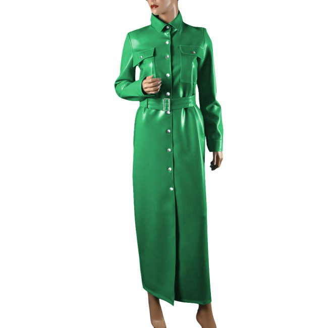 Elegant Shiny PVC Leather Long Pencil Dress Evening Gown Retro Style Pocket Button-Up Dress with Belt Plus Size Trench Dresses