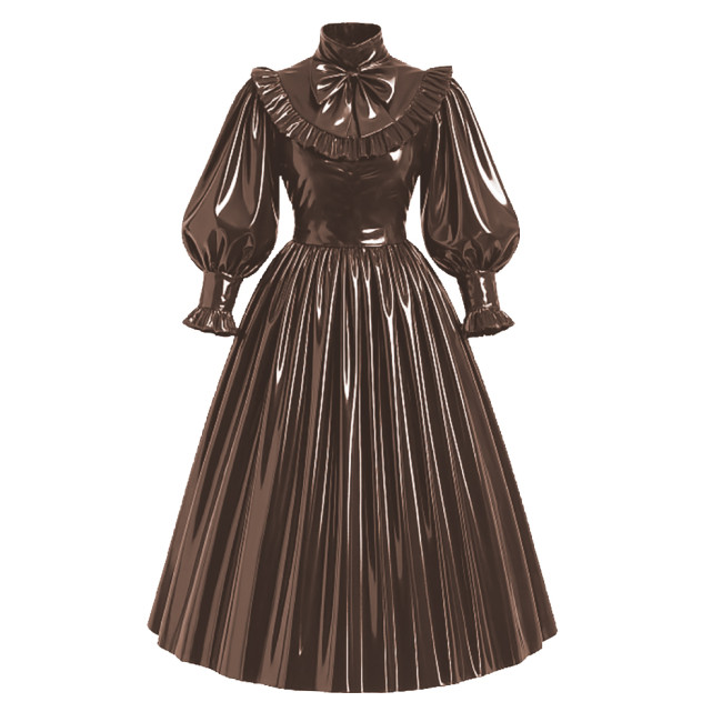 Lockable French Style Maxi Dress PVC Glossy Leather Puff Sleeve Bow Lolita Long Pleated Dress Robe Elegant Party Formal Wear 7XL