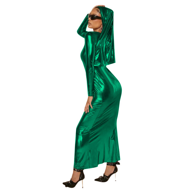 Formal Women Metallic Shiny Long Sleeve Dress with Hood Elegant Evening Maxi Dresses Coctail Party Ankle Length Dress Plus Size