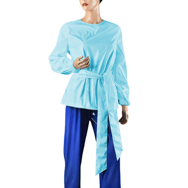 Plus Size Women Casual O-neck Long Sleeve T-shirts Elegant PVC Shiny Leather Female Blouse with Belt Fashion Ladies Office Tops