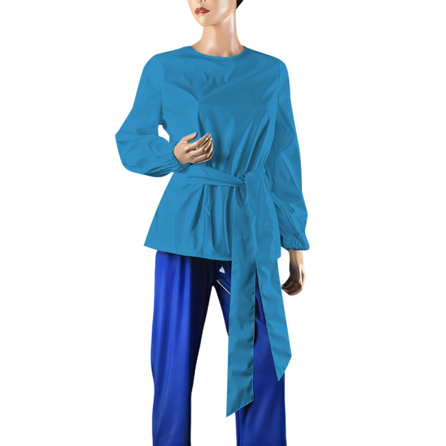 Plus Size Women Casual O-neck Long Sleeve T-shirts Elegant PVC Shiny Leather Female Blouse with Belt Fashion Ladies Office Tops
