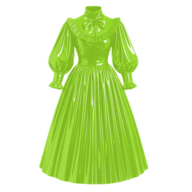 Lockable French Style Maxi Dress PVC Glossy Leather Puff Sleeve Bow Lolita Long Pleated Dress Robe Elegant Party Formal Wear 7XL
