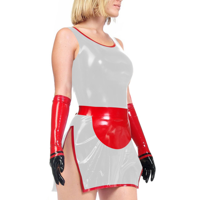 Sexy Sleeveless Bodycon Mini Maid Dress Wetlook Sissy Roleplay Outfit Exotic High Slit Tight Short PVC Dress Erotic Cosplay Sets