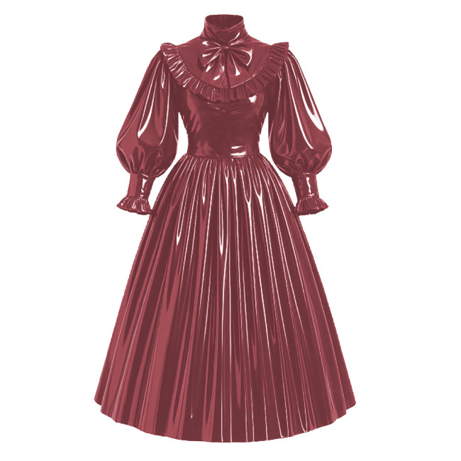 Lockable French Style Maxi Dress PVC Glossy Leather Puff Sleeve Bow Lolita Long Pleated Dress Robe Elegant Party Formal Wear 7XL