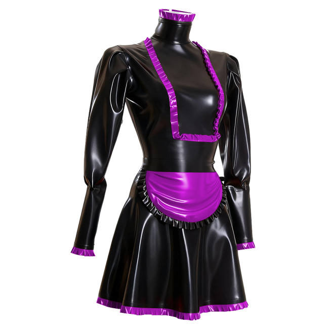 Sissy Maid PVC Long Sleeve Dress Outfits Ruffles High Neck French Maid Cosplay Costumes Cross-dresser Pleated Maid Uniforms 7XL
