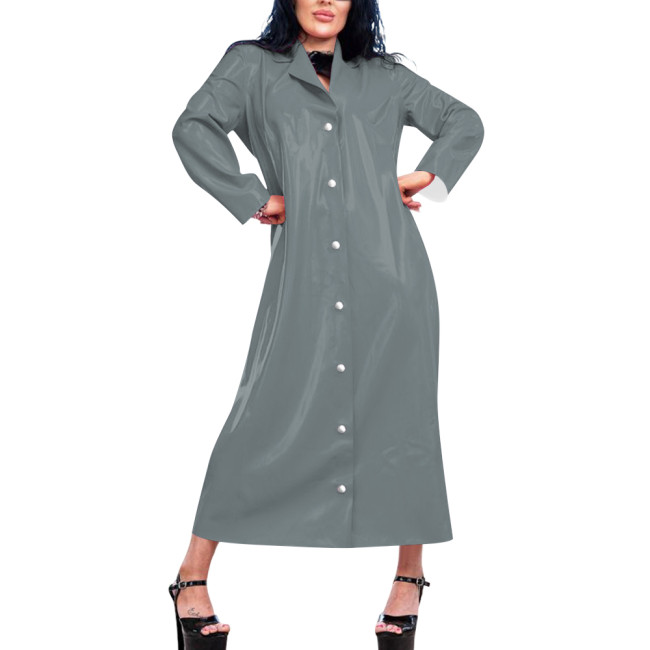 Womens Long Wetlook Oversized Trench Coat Shiny Lapel Single-breasted PVC Leather Maxi Coat Fashion Punk Long Sleeve Outerwear
