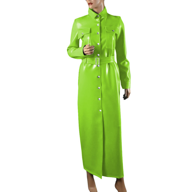 Elegant Shiny PVC Leather Long Pencil Dress Evening Gown Retro Style Pocket Button-Up Dress with Belt Plus Size Trench Dresses