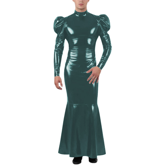 Unisex Wetlook Long Mermaid Dress PVC Patent Leather Turtleneck Slim Ankle-length Dress with Ruffles Coctail Party Gown Vestidos
