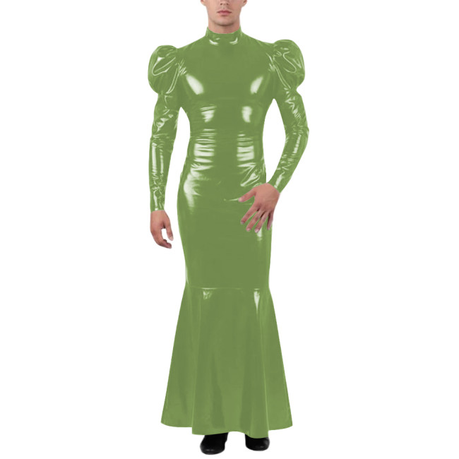 Unisex Wetlook Long Mermaid Dress PVC Patent Leather Turtleneck Slim Ankle-length Dress with Ruffles Coctail Party Gown Vestidos