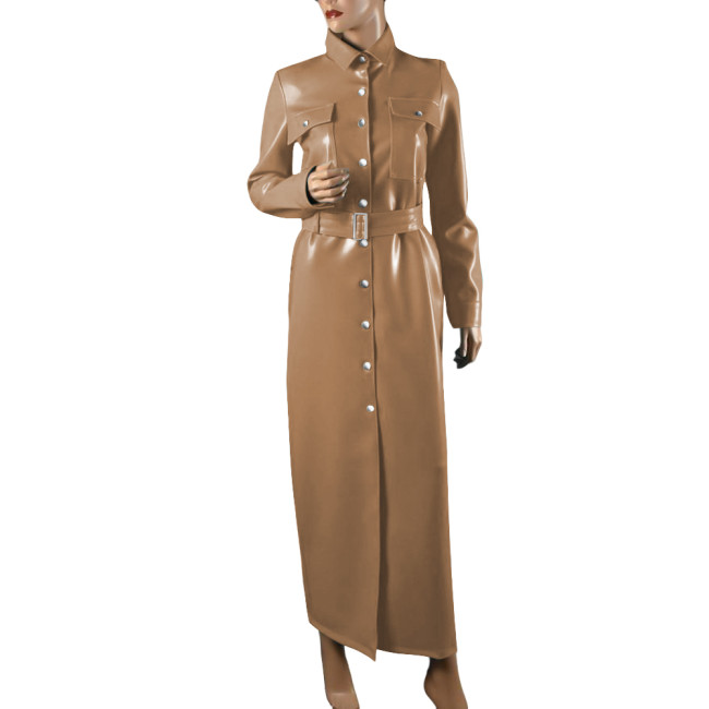 Elegant Shiny PVC Leather Long Pencil Dress Evening Gown Retro Style Pocket Button-Up Dress with Belt Plus Size Trench Dresses