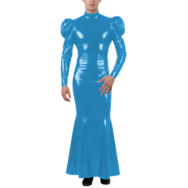 Unisex Wetlook Long Mermaid Dress PVC Patent Leather Turtleneck Slim Ankle-length Dress with Ruffles Coctail Party Gown Vestidos