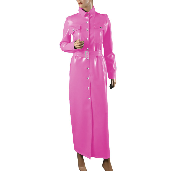 Elegant Shiny PVC Leather Long Pencil Dress Evening Gown Retro Style Pocket Button-Up Dress with Belt Plus Size Trench Dresses