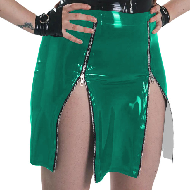 Plus Size Ladies Sexy Mini Skirts for Womens PVC Shiny Tight Short Skirt Fashion Casual Two Front Zippers Bodycon Club Skirts