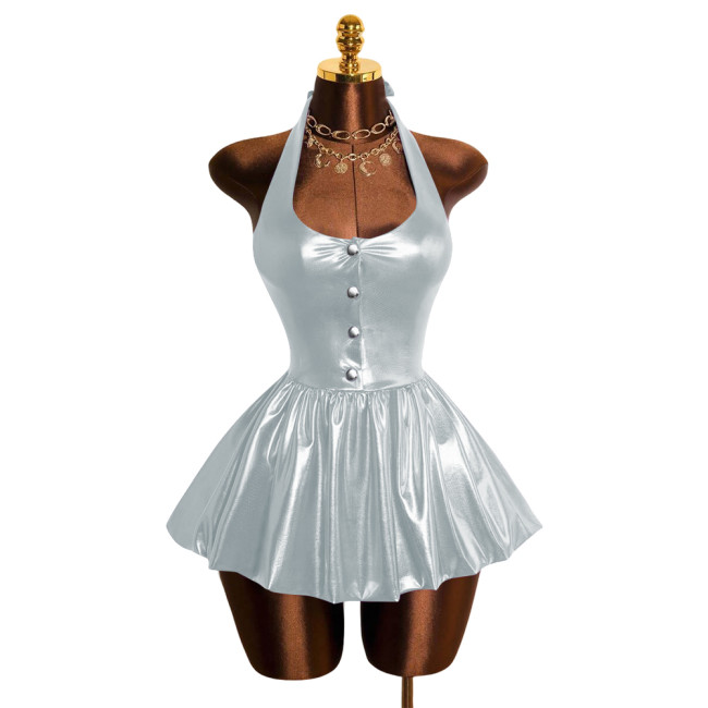 Sexy Women's Metallic Shiny Halter Mini Dress Party V-Neck Backless Tight Pleated Short Dress Plus Size Clothing Female Clubwear