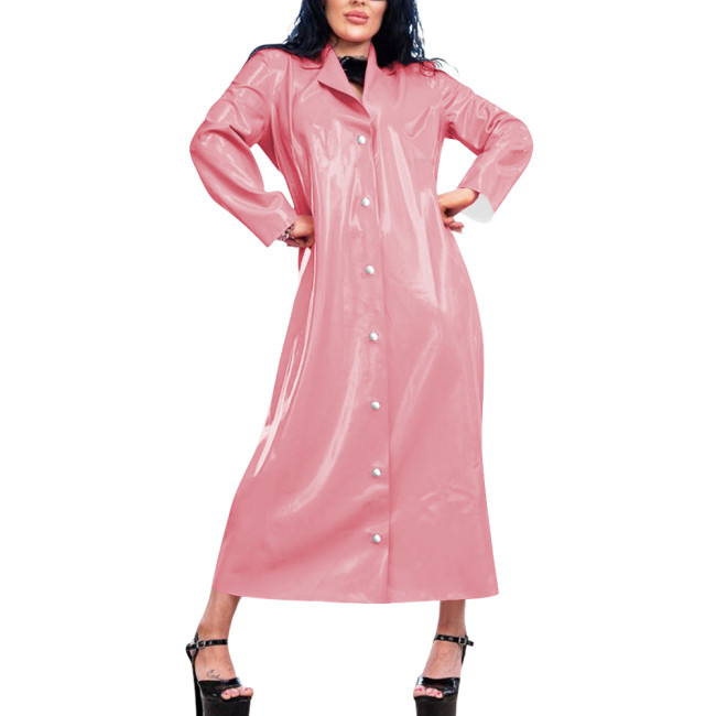 Womens Long Wetlook Oversized Trench Coat Shiny Lapel Single-breasted PVC Leather Maxi Coat Fashion Punk Long Sleeve Outerwear