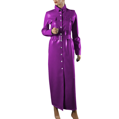Elegant Shiny PVC Leather Long Pencil Dress Evening Gown Retro Style Pocket Button-Up Dress with Belt Plus Size Trench Dresses