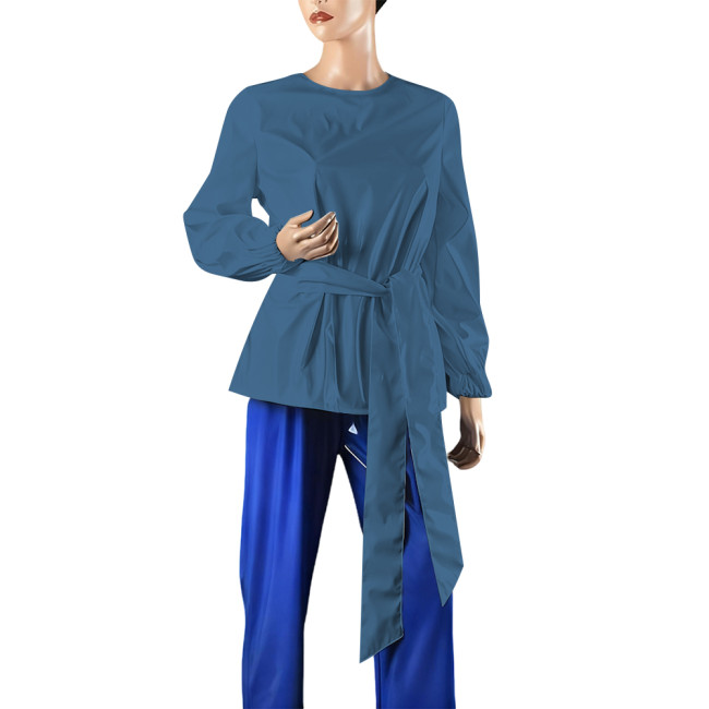 Plus Size Women Casual O-neck Long Sleeve T-shirts Elegant PVC Shiny Leather Female Blouse with Belt Fashion Ladies Office Tops