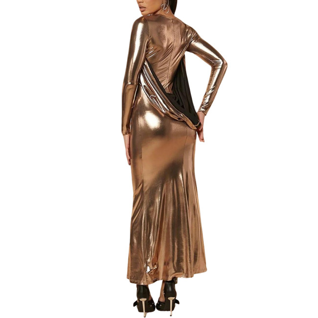Formal Women Metallic Shiny Long Sleeve Dress with Hood Elegant Evening Maxi Dresses Coctail Party Ankle Length Dress Plus Size