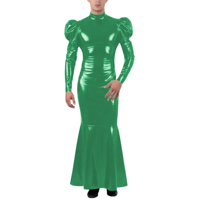 Unisex Wetlook Long Mermaid Dress PVC Patent Leather Turtleneck Slim Ankle-length Dress with Ruffles Coctail Party Gown Vestidos