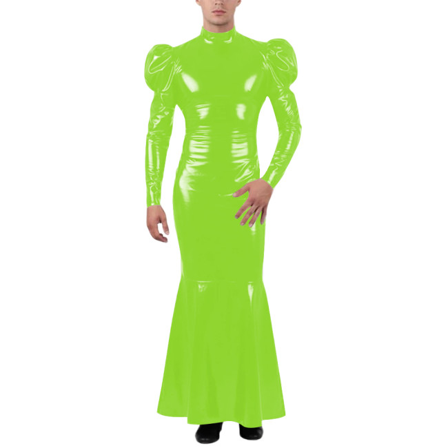 Unisex Wetlook Long Mermaid Dress PVC Patent Leather Turtleneck Slim Ankle-length Dress with Ruffles Coctail Party Gown Vestidos